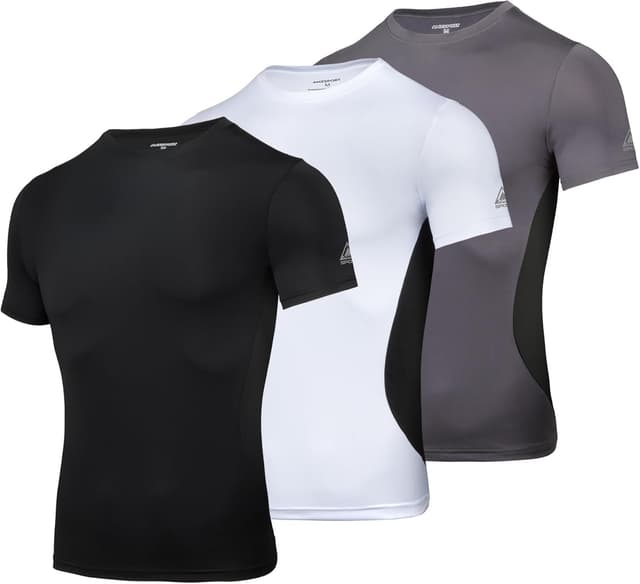 Detalle de AMZSPORT maglietta a compressione da uomo con maniche corte, tessuto Cool Dry per allenamento e corsa