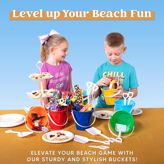 Detalle 2 de Sloosh 12 Sets Sand Buckets with Shovels for Kids (24-piece beach pail & spade set)