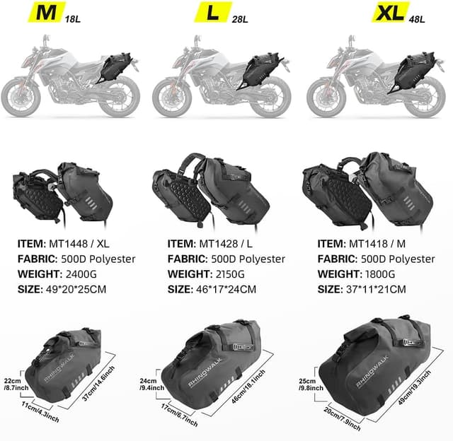 Detalle de Rhinowalk Waterproof Motorcycle Saddle Bags 18L (9L x 2) – Anti-vibration side panniers, roll-up design