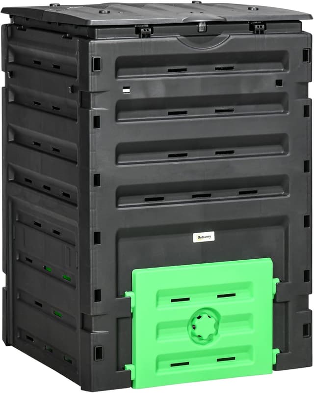 Detalle de Outsunny Composteur de jardin 450 L en polypropylène noir – 80 aérations et 2 portes coulissantes