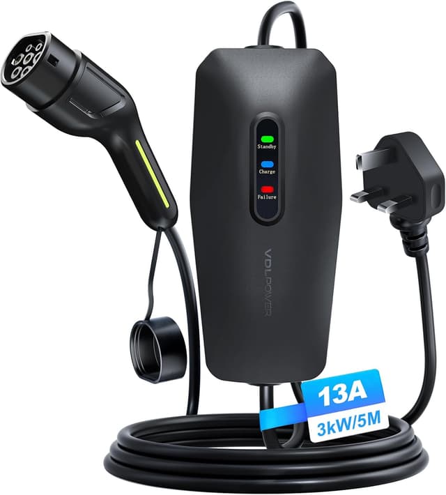 Detalle de VDLPOWERVP Type 2 to 3-pin EV charger (5m cable, 13A) with LED status indicators and IP65 protection