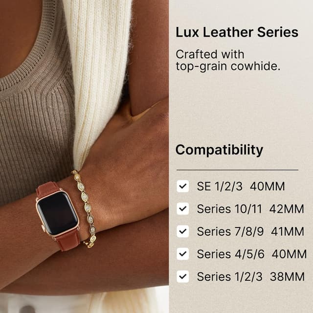 Detalle de Fullmosa bracelet en cuir véritable pour Apple Watch 42/41/40/38 mm (brun + or rose) avec fermoir