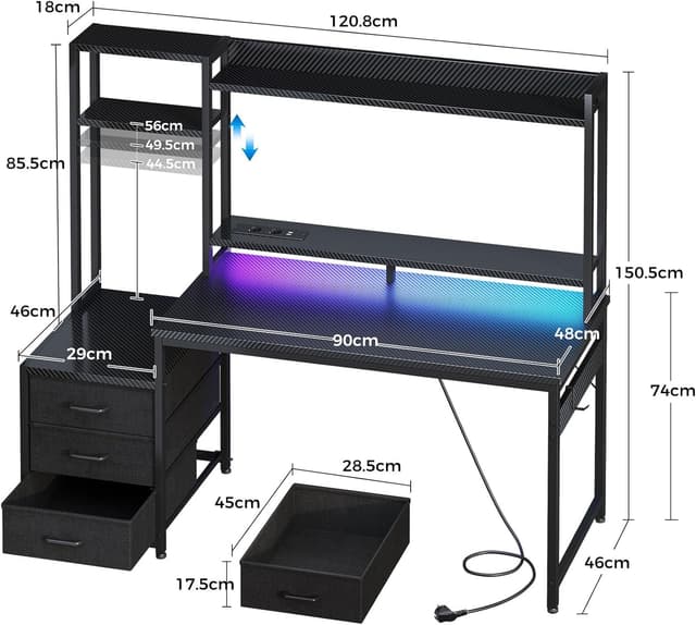 Detalle de Coleshome Scrivania Gaming con libreria e cassetti, 120×48 cm, LED e presa di corrente in fibra di carbonio nero