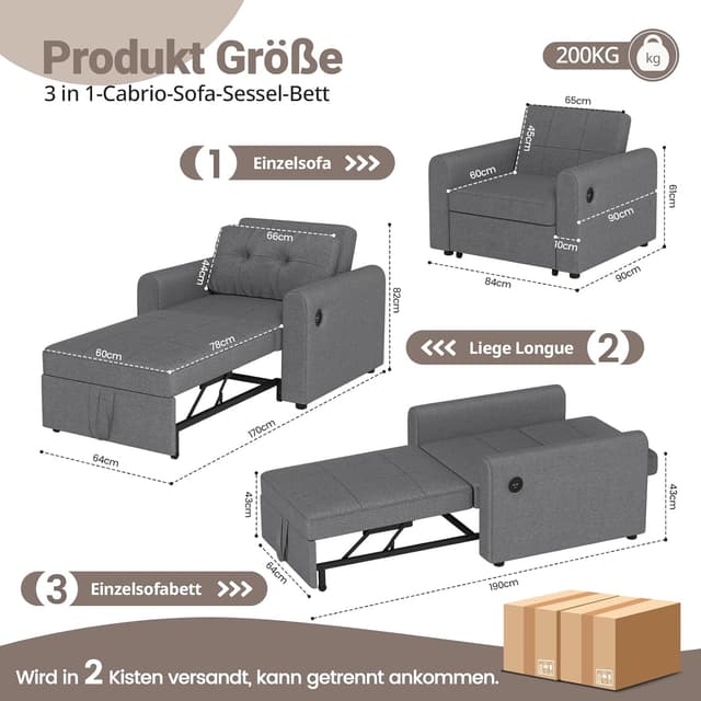 Detalle 2 de Luxstein Divano Letto Pieghevole 3 in 1 200 kg