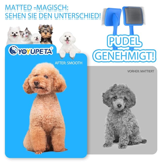 Detalle 2 de YOYUPETA Zupfbürste & Hundebürste für langes Fell (25 mm Pins) mit Etui – Profi-Fellkamm für Unterwolle, Knoten & Filz in Blau