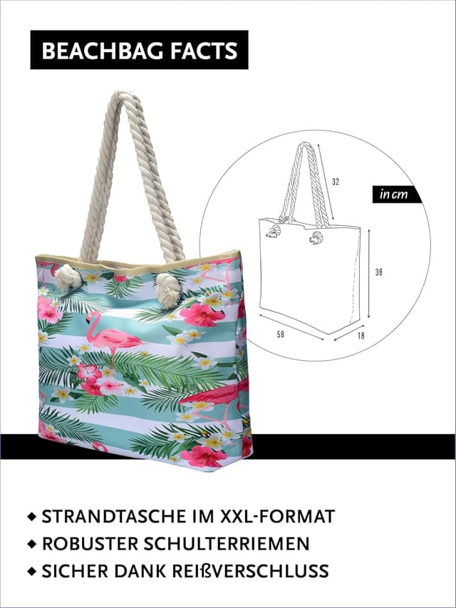 Detalle 2 de DonDon Strandtasche XXL mit Reißverschluss – Umhängetasche und Shopper Bag für den Beach Look