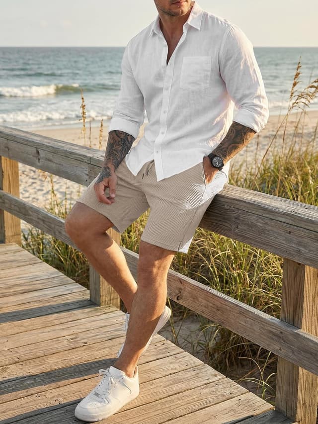 Detalle de JMIERR Herren Textur Kurze Hosen mit 3 Taschen – lockere Sommer-Shorts mit elastischem Bund