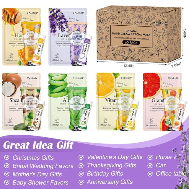 Detalle de 60 Pack Bulk Lip Balm, Facial Mask & Hand Cream Sets for Easter Baskets, Teacher Appreciation, and Bridesmaid Gifts