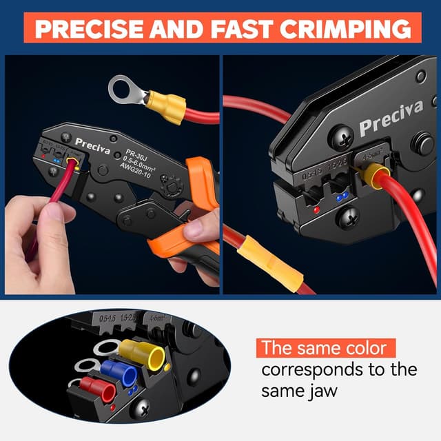 Detalle de Ratchet Crimping Plier Preciva insulated wire terminal crimp tool for AWG 20–10 up to 6mm²