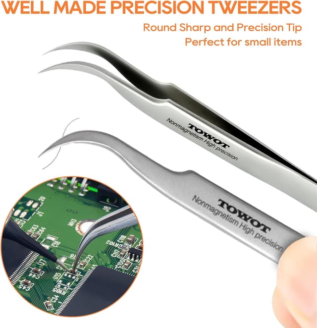 Detalle de Precision Tweezers by TOWOT — Stainless Steel Pointed Tweezers for Craft, Electronics & Soldering