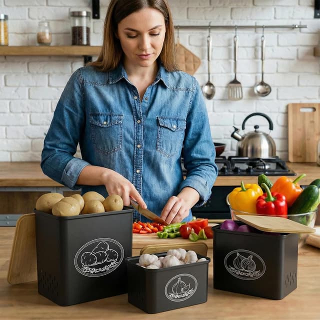 Detalle de Lifewit Kartoffel Aufbewahrungsbox 3er Set (Kartoffeln, Zwiebeln, Knoblauch) mit Belüftung, stapelbar – 24 cm hoch, schwarz