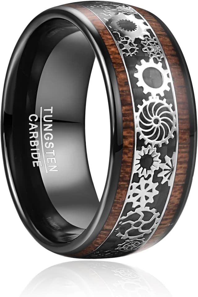 Detalle de TUNGSTORY Wolfram Ring Herren 10 mm Schwarz/Silber Steampunk Zahnräder – mit Holzoptik