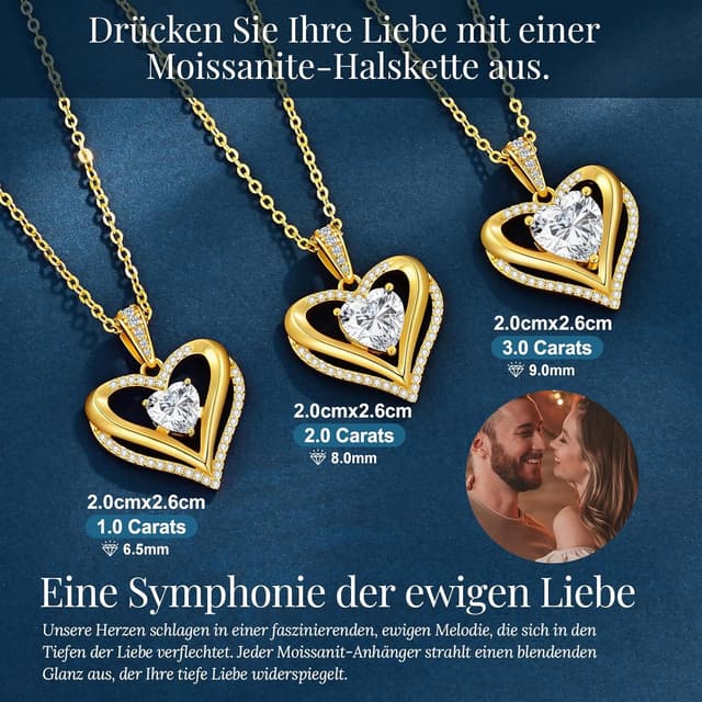 Detalle de Collier CDE femme cœur double en argent 925 et moissanite (Pureté VVS1, couleur D)