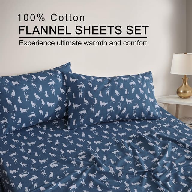 Detalle de ZOYER Queen Flannel Sheets Set (100% Cotton) - Double Brushed, 16-Inch Deep Pockets, White Cat, 4-Piece