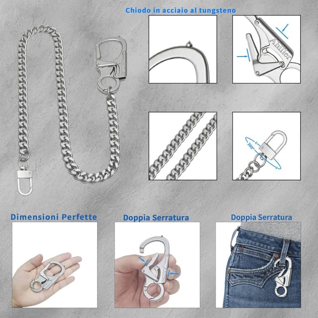 Detalle de Ahiller Geldbörsenkette mit Verschluss im Doppelschloss-Design (Wolframstahl-Kegelkopf) – Heavy-Duty für Herren