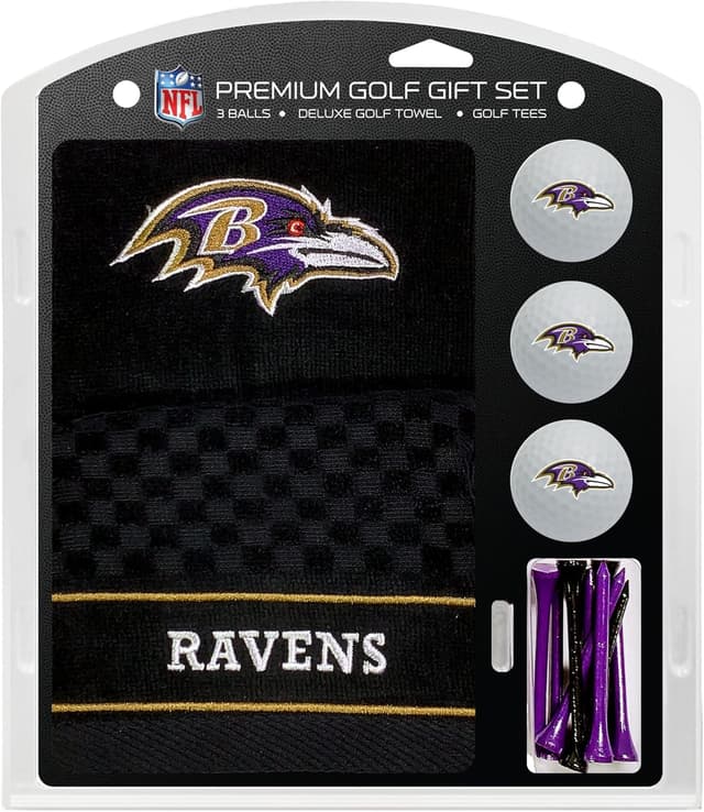 Detalle de Team Golf NFL Baltimore Ravens Gift Set with Embroidered Golf Towel, 3 Golf Balls, and 14 Regulation Tees