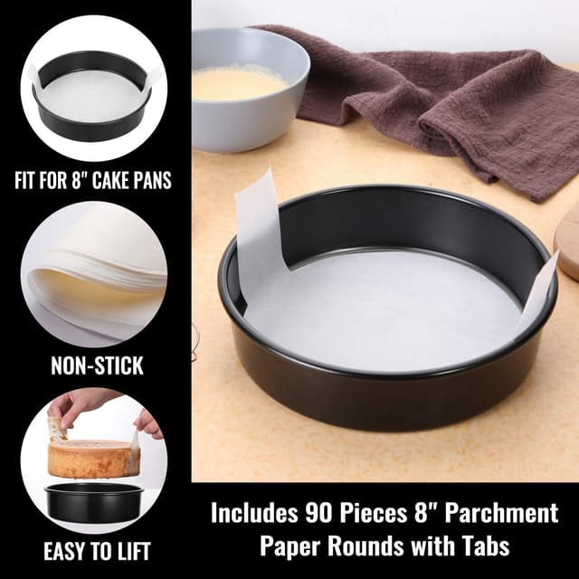Detalle de HIWARE 8-Inch Round Cake Pan Set of 3 with Nonstick Coating and 90 Precut Parchment Papers