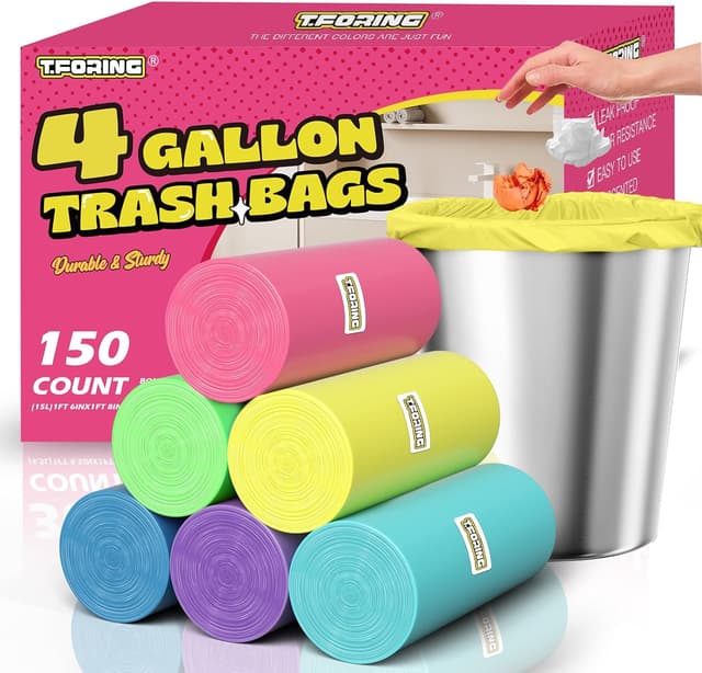 Detalle de T.FORING 150-Count 4 Gallon Small Trash Bags (4 Gallon) — Colored, Unscented, Leak-Proof Can Liners