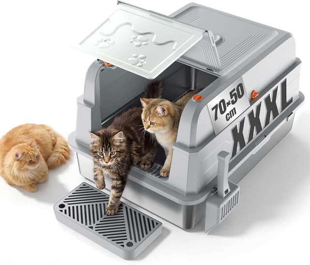 Detalle de Devoko XXXL Katzenklo aus Edelstahl mit Deckel (geschlossen, 3-in-1) für große Katzen bis 20 kg