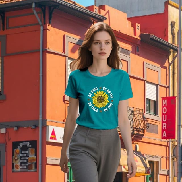 Detalle de Qskall women’s sunflower “Be Kind” slogan T-shirt – soft loose-fit inspirational tee
