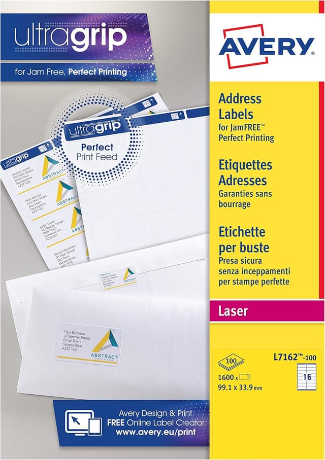 Detalle de Avery JamFREE printable address labels (L7162-100) – white, customisable sheets