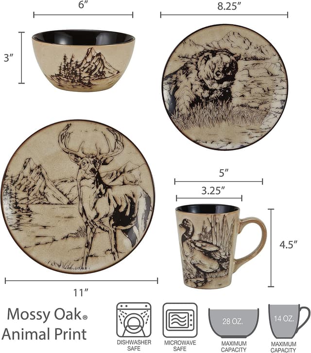 Detalle 2 de Mossy Oak Animal Print 16-Piece Dinnerware Set (Service for 4) in Black and Beige