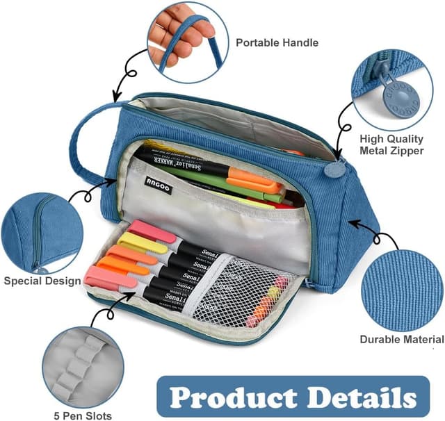 Detalle de Trousse de papeterie APXEL grande en velours côtelé, trousse à crayons zippée (bleu marine)