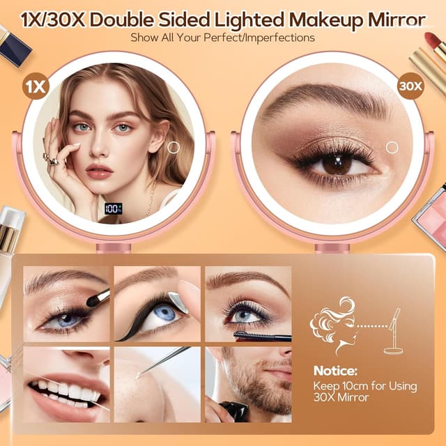 Detalle de B Beauty Planet Magnifying Mirror with Light 30X/1X (Double Sided, Rose Gold) with 3 Light Modes, Adjustable Height & 360° Rotation