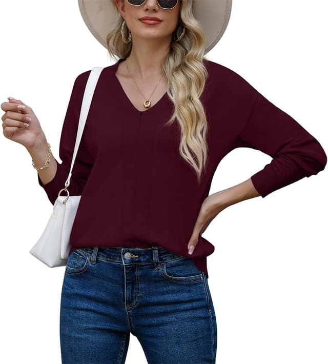 Detalle de PrinStory women’s V-neck knit jumper long sleeve top (solid colour)