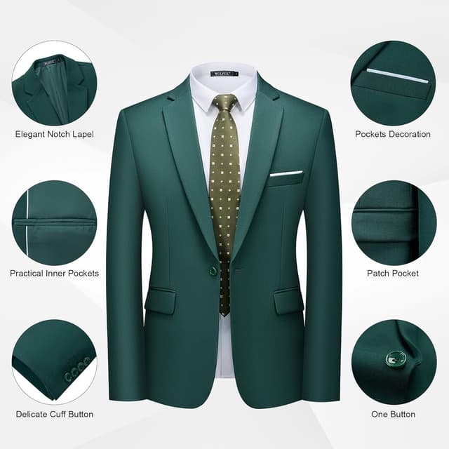 Detalle de WULFUL Men’s Slim Fit 2-Piece Suit Set (One-Button Blazer + Pants) for Party, Wedding & Business