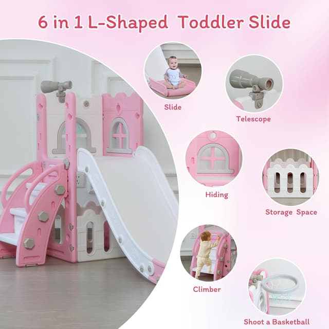 Detalle de LulliSpace 6 in 1 Toddler Slide & Climber with Basketball Hoop, Storage and Telescope