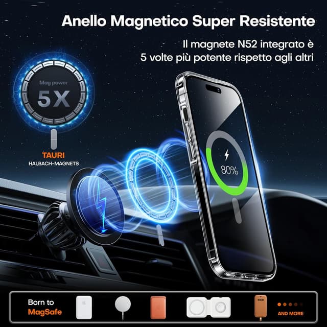 Detalle de TAURI Cover per iPhone 15 Plus con pellicola in vetro temperato e MagSafe magnetico (trasparente)