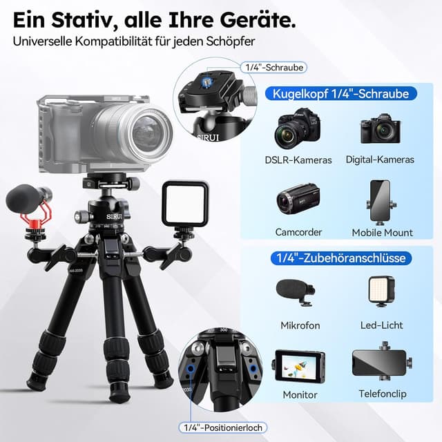 Thumbnail 6 de SIRUI AM-203S Mini-Stativ aus Aluminium – Tischstativ mit flacher Kugelkalotte, 15 kg Traglast