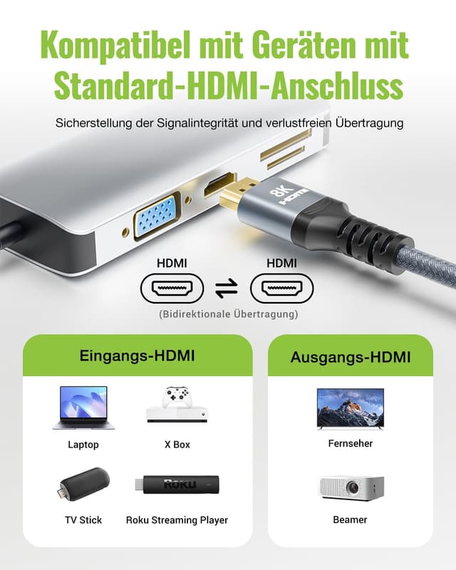 Detalle de LEENUE HDMI 2.1 Verlängerungskabel 1 m (8K@60Hz, 4K@120Hz, 48 Gbps) mit Stecker-auf-Buchse
