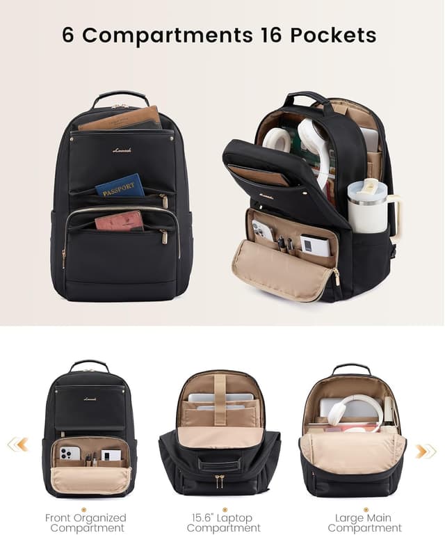 Detalle de LOVEVOOK Damen-Rucksack für 15,6 Zoll Laptop – wasserdicht, mit gepolstertem Fach & Seitentasche für Trinkflasche