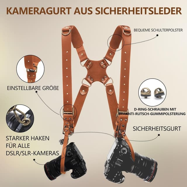 Detalle de 4J LEDR Dual-Kameragurt aus Leder – Doppel-Schultergurt für 2 Kameras mit Schnellverschluss