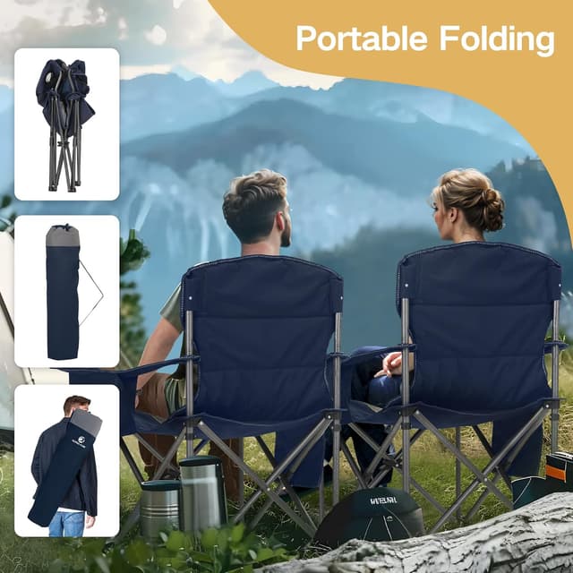 Detalle 2 de ALPHA CAMP Heavy Duty Camping Chair for Adults (up to 200 kg) with Cup Holder and Cooler Bag, Blue