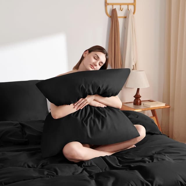 Detalle de WAVVE Bettwäsche 220x240 3-teilig Schwarz (1 Bettbezug 220x240 + 2 Kissenbezüge 80x80) aus Mikrofaser