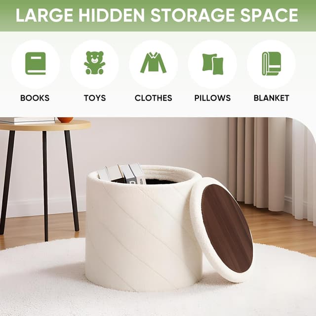 Detalle 2 de Bonlife Round Ottoman Stool with Storage (33x33x35cm) – Boucle Folding Footstool with Lid & Tray, White