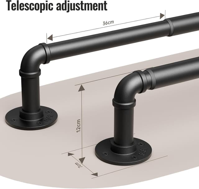 Detalle de DEFYNEE 25mm Adjustable Industrial Curtain Pole for Eyelet Curtains (80–305cm) – Black metal