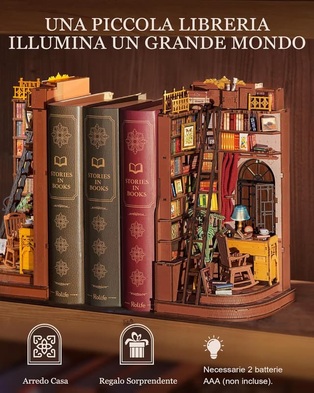 Detalle de Rolife Book Nook Kit Silent Corner Study mini da costruire, puzzle 3D in legno con luci LED
