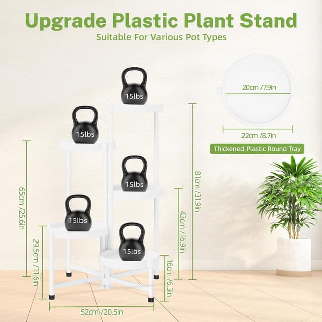 Detalle de iDavosic.ly Pflanzenständer Metall & Kunststoff mit 5 Ebenen (weiß) – Blumenregal für Balkon, Terrasse & Wohnzimmer