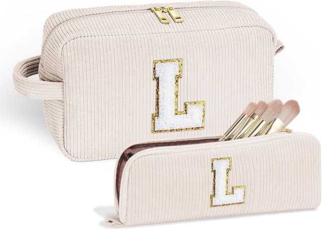 Detalle de Parima Kosmetiktasche Damen & Mädchen (2 Stück) aus Cord mit Buchstaben L – Kulturtaschen-Set zum Organisieren