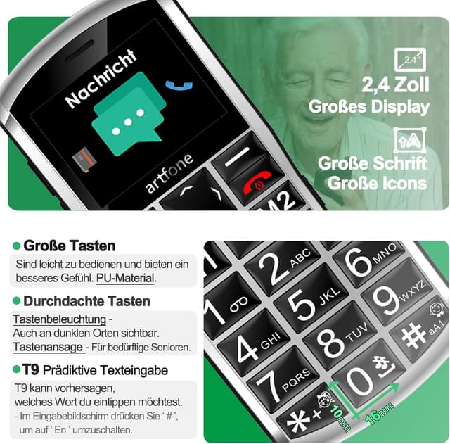 Detalle 2 de artfone A400 4G Seniorenhandy ohne Vertrag – Großtasten, SOS-Notruftaste & 4G-VoLTE