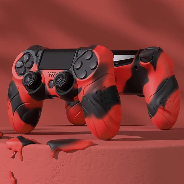 Detalle de PlayVital Guardian Edition ergonomic soft silicone case cover for PS4 Slim/Pro controller (Red & Black) with thumb grip caps