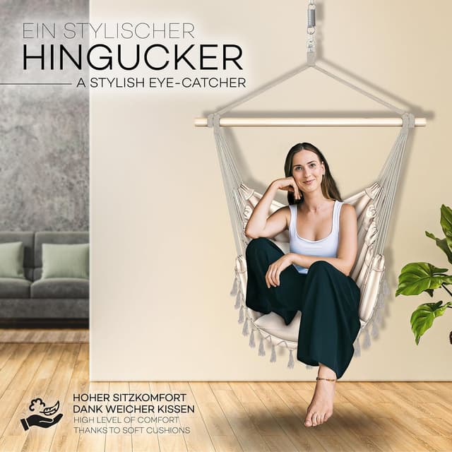 Detalle de tillvex Hängesessel mit 2 herausnehmbaren XXL-Kissen, Getränkehalter & Bücherfach