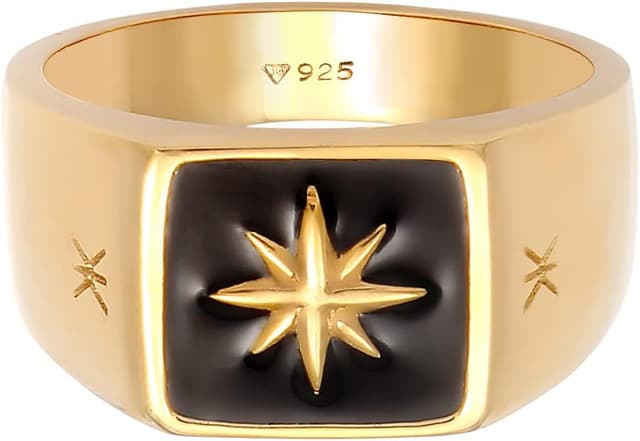 Detalle 2 de Kuzzoi Chevalière pour homme en argent sterling 925 plaqué or, motif étoile et émail noir