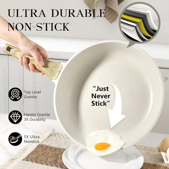 Detalle de GiPP 24cm White Granite Non-Stick Skillet Frying Pan with Heat-Resistant Handle (PFOA Free)