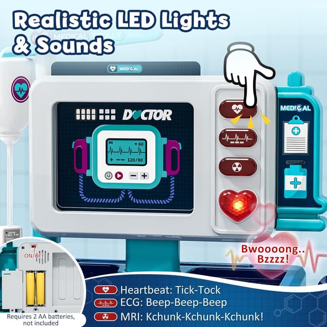 Detalle de Lehoo Castle kids doctor set with medical trolley, sound & light play panel and accessories (3+), blue