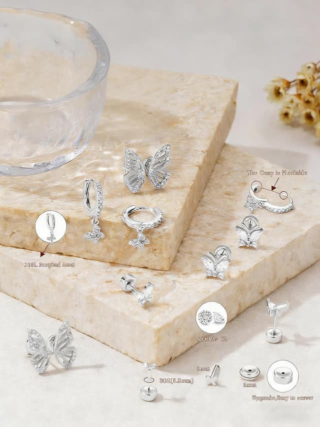 Detalle de TINGN 6 Paar Schmetterling Ohrringe-Set für Damen (Chirurgenstahl, vergoldet) – für mehrere Ohrlöcher & verschiedene Piercings